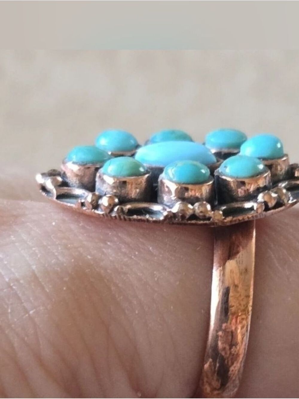 Southwestern Kingman Turquoise Cluster Ring Copper - Picture 2 of 3
